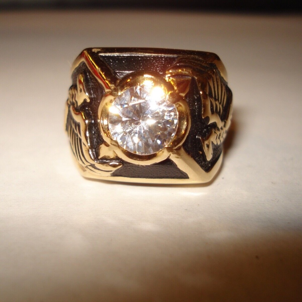 Beautiful Prong Set Large CZ Eagle Enamel Ring    New!  Size 8.75